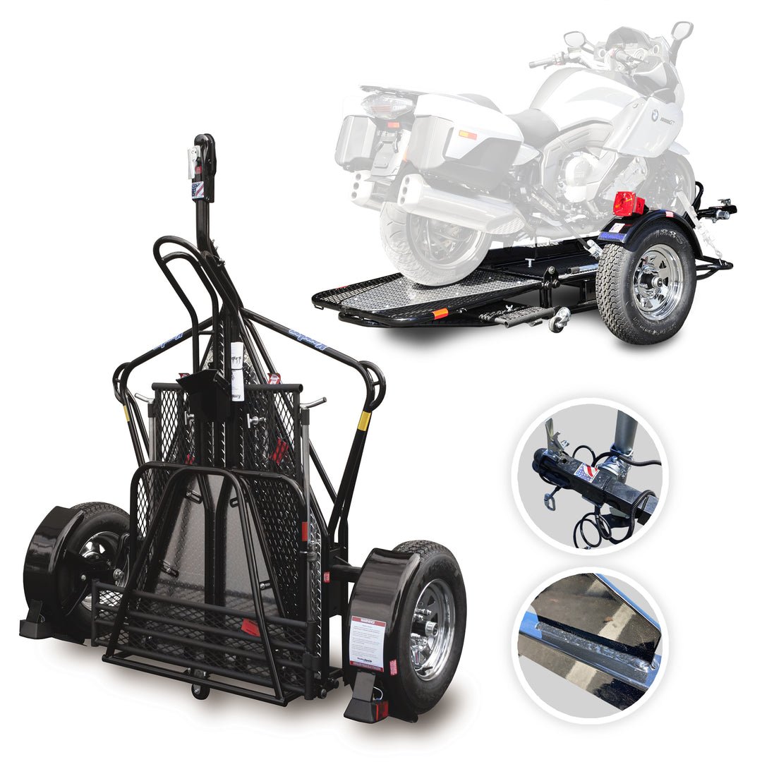 1-MainImage_1080x_e54b701a-ea97-4e05-8f9b-895e564dda4d Go! Series Single Rail Folding Motorcycle Trailers – Deluxe Chrome Wheels Balanced - Image 1
