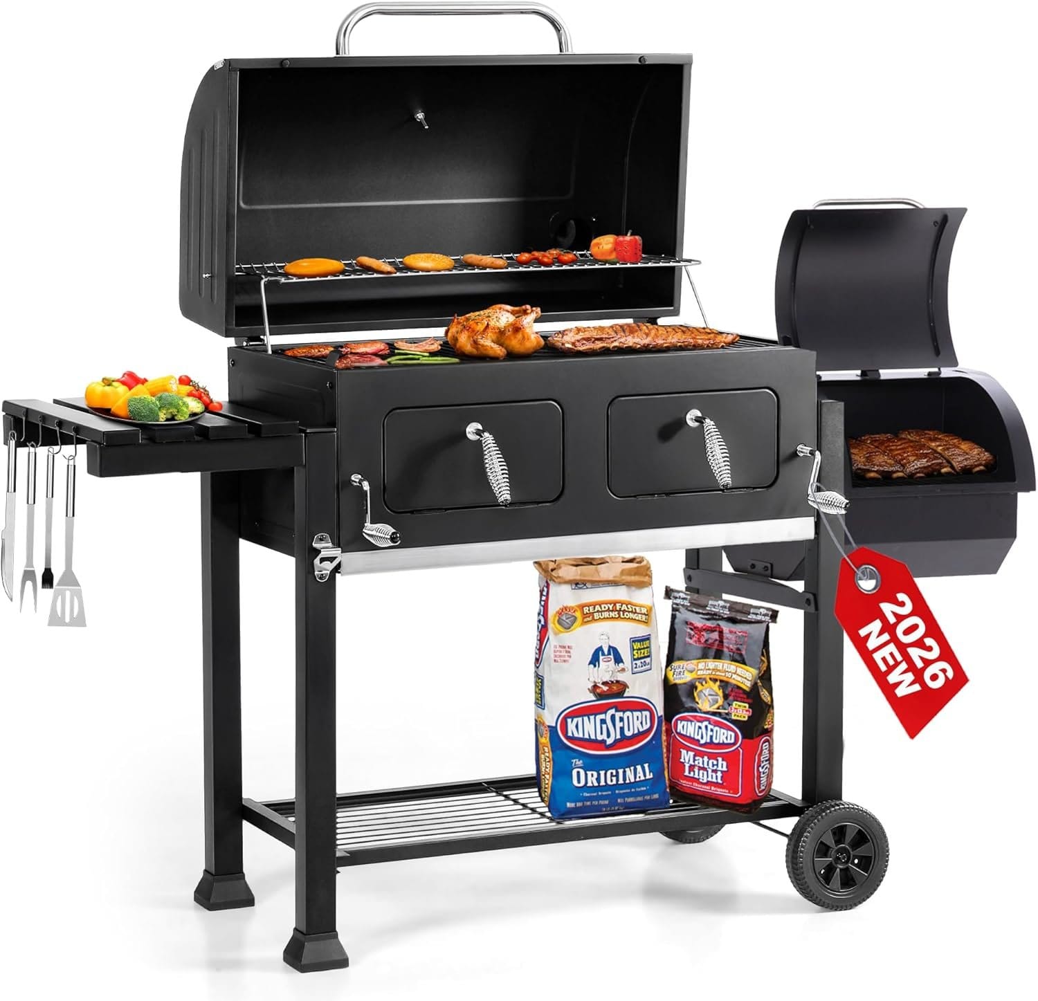 71abWdSLFhL._AC_SL1500 30″ Charcoal BBQ Grill & Offset Smoker – Heavy-Duty Outdoor Barbecue Grill - Image 1