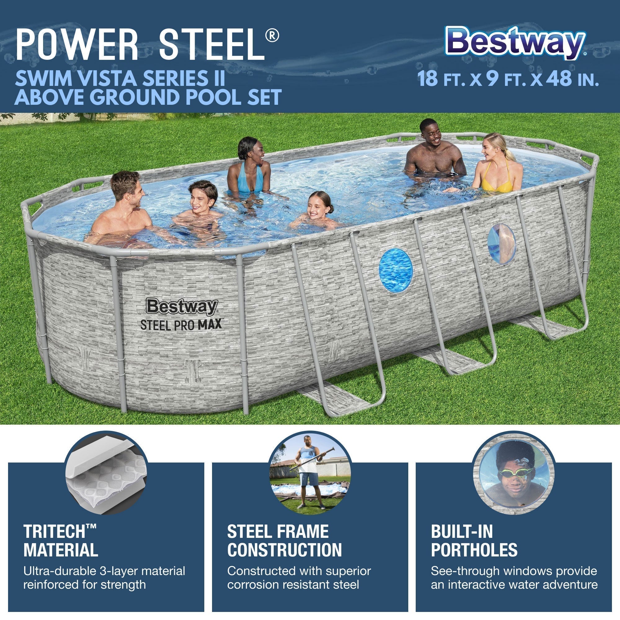Bestway Power Steel Swim Vista 18' x 9' x 48" Above Ground Swimming Pool Set - Image 3